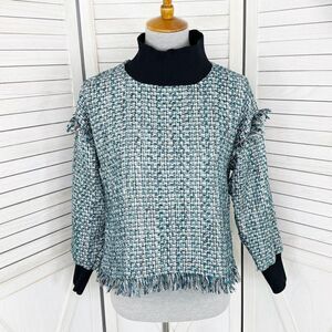 Zara Tweed Fringe Hem Mock Neck Shirt Teal White Large Crop